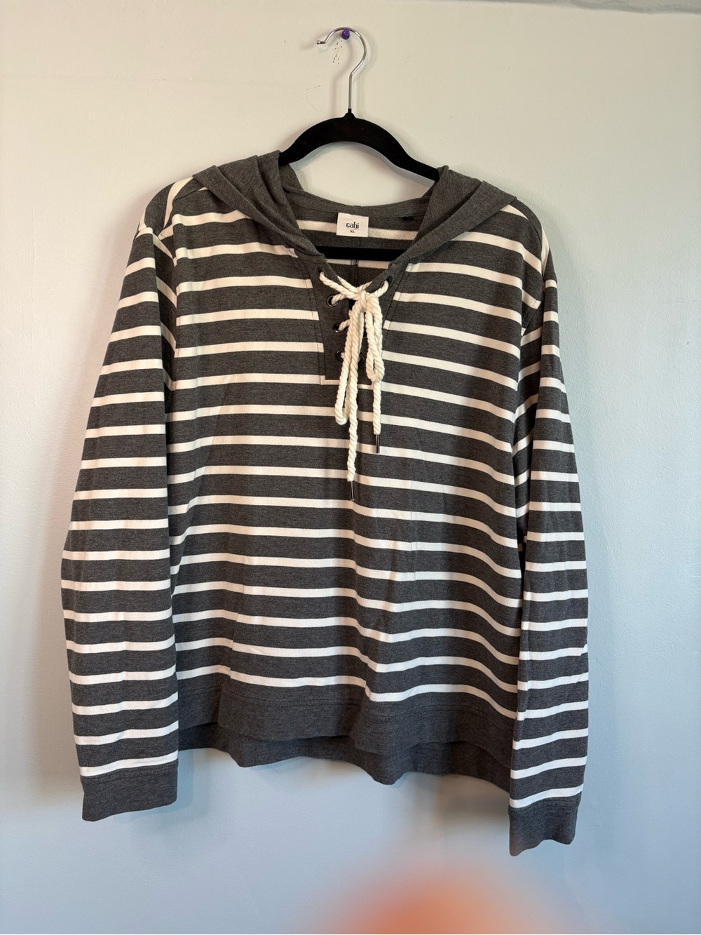 CAbi Charcoal & White Striped Lace-Up Hooded Pullover